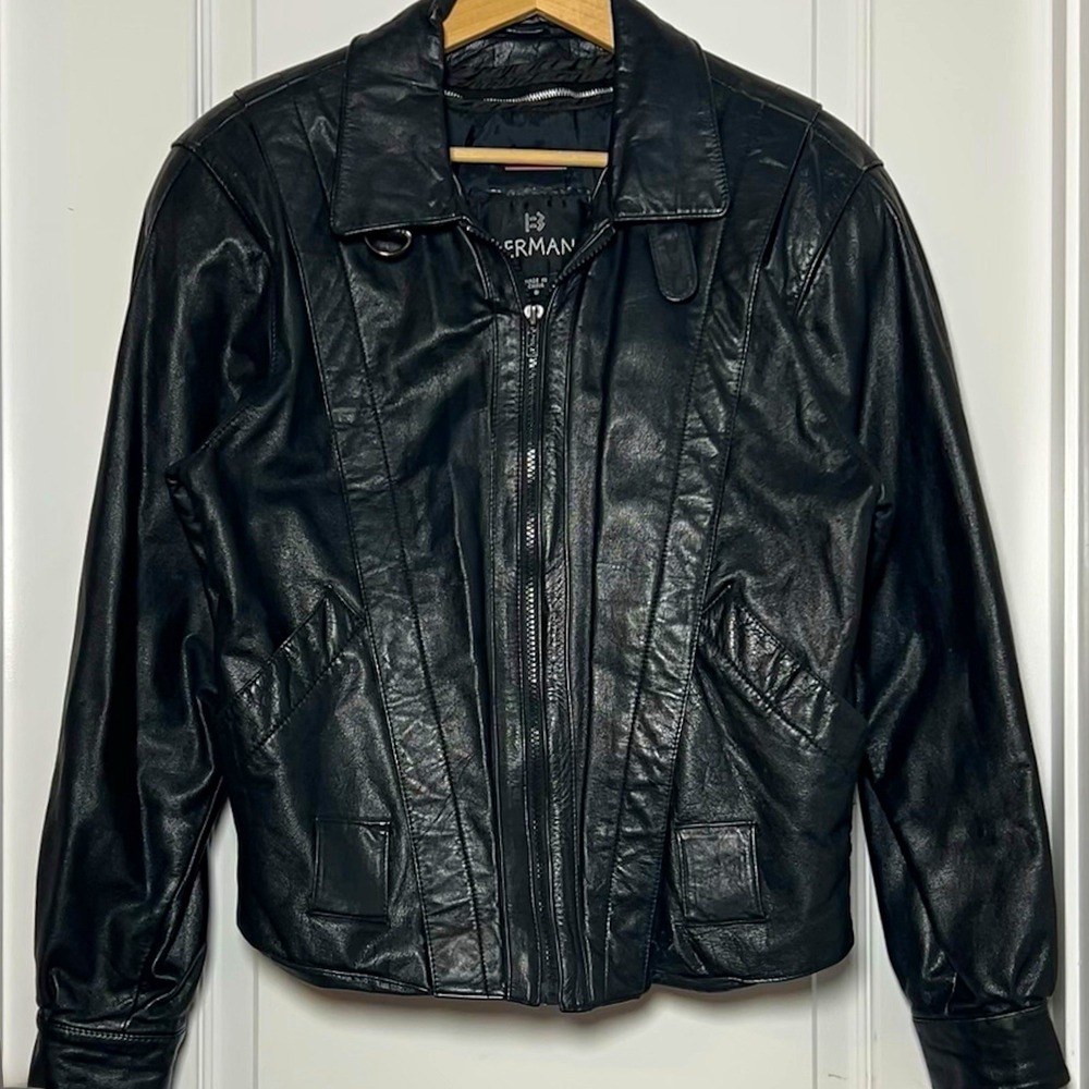 Bermans Vintage 90s Genuine Leather Black Full Zip Lined Biker Moto Jacket